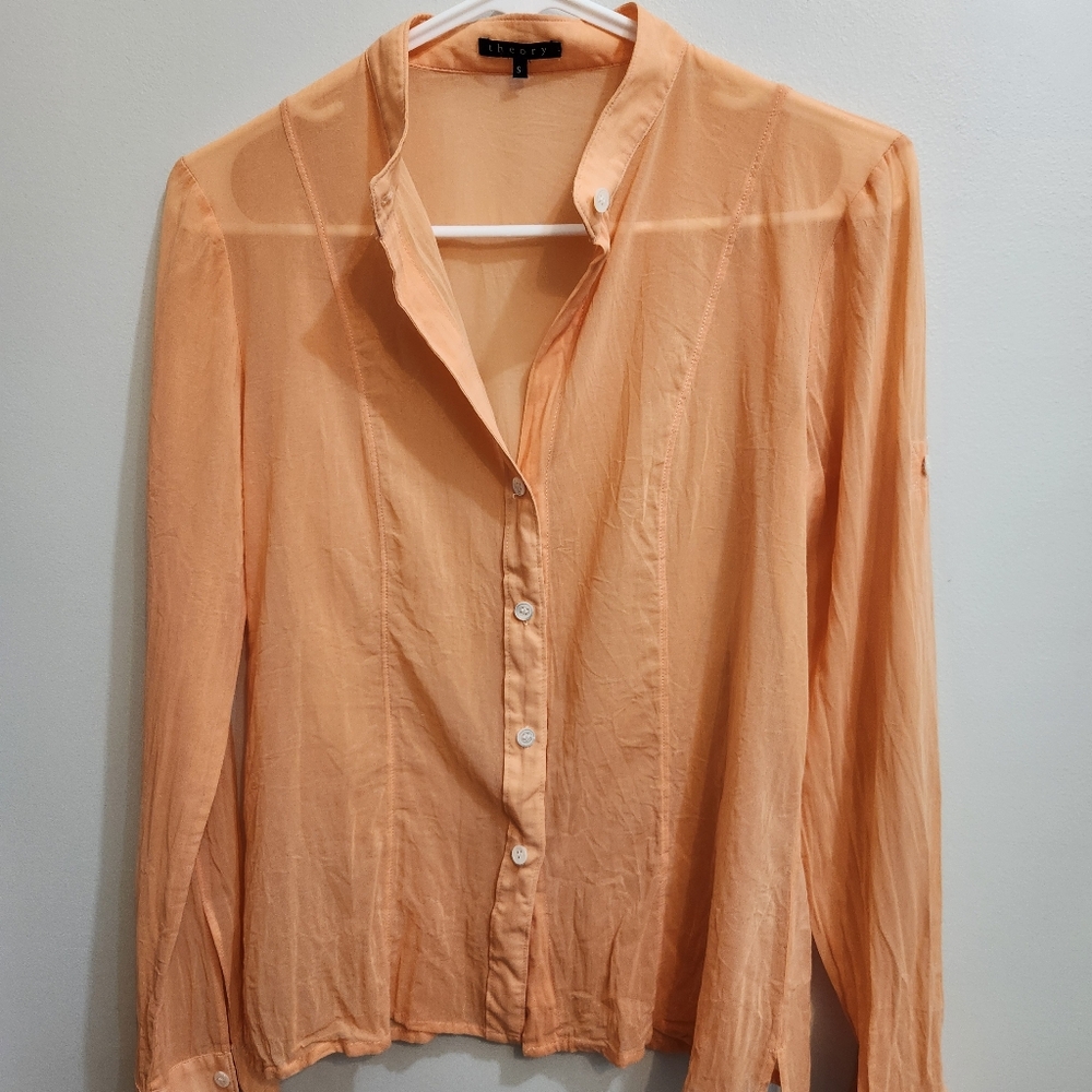 Theory Semi-Sheer Button-Up Blouse Size Small Mad… - image 3